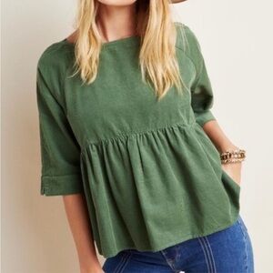 Maeve Anthropologie Shirt Women Small Green Maria Corduroy Peplum Flounce Button